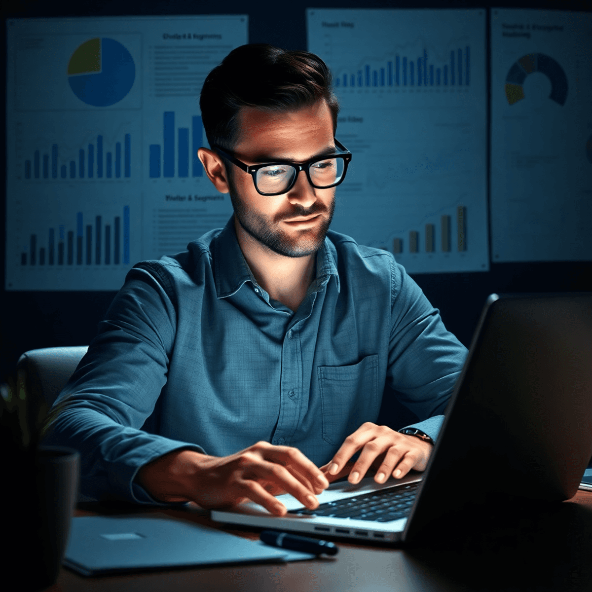 A business professional working late on a laptop, surrounded by charts and graphs, symbolizing determination and data-driven growth in the B2B IT i...