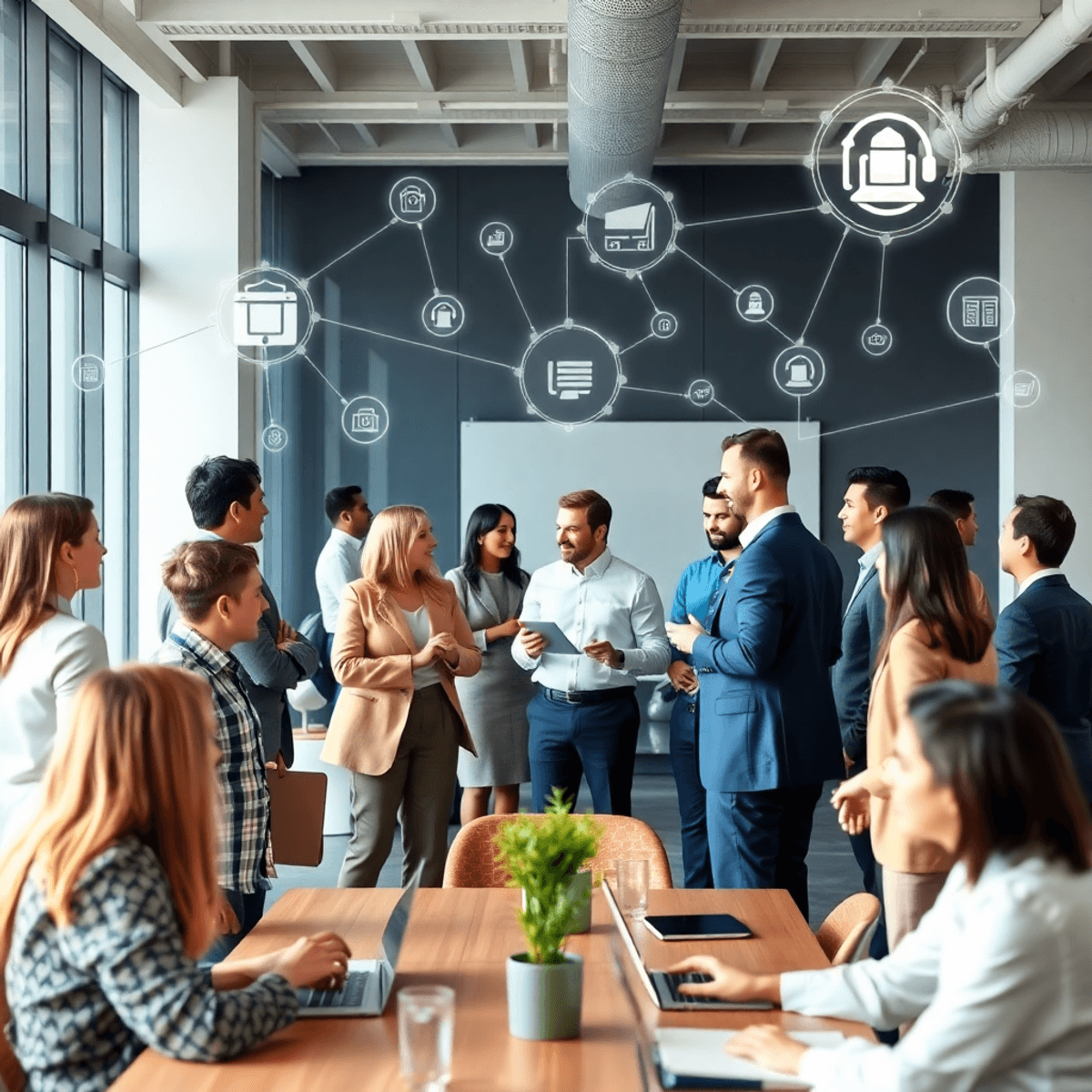 Business professionals networking in an office with floating digital icons symbolizing IT and technology connections.