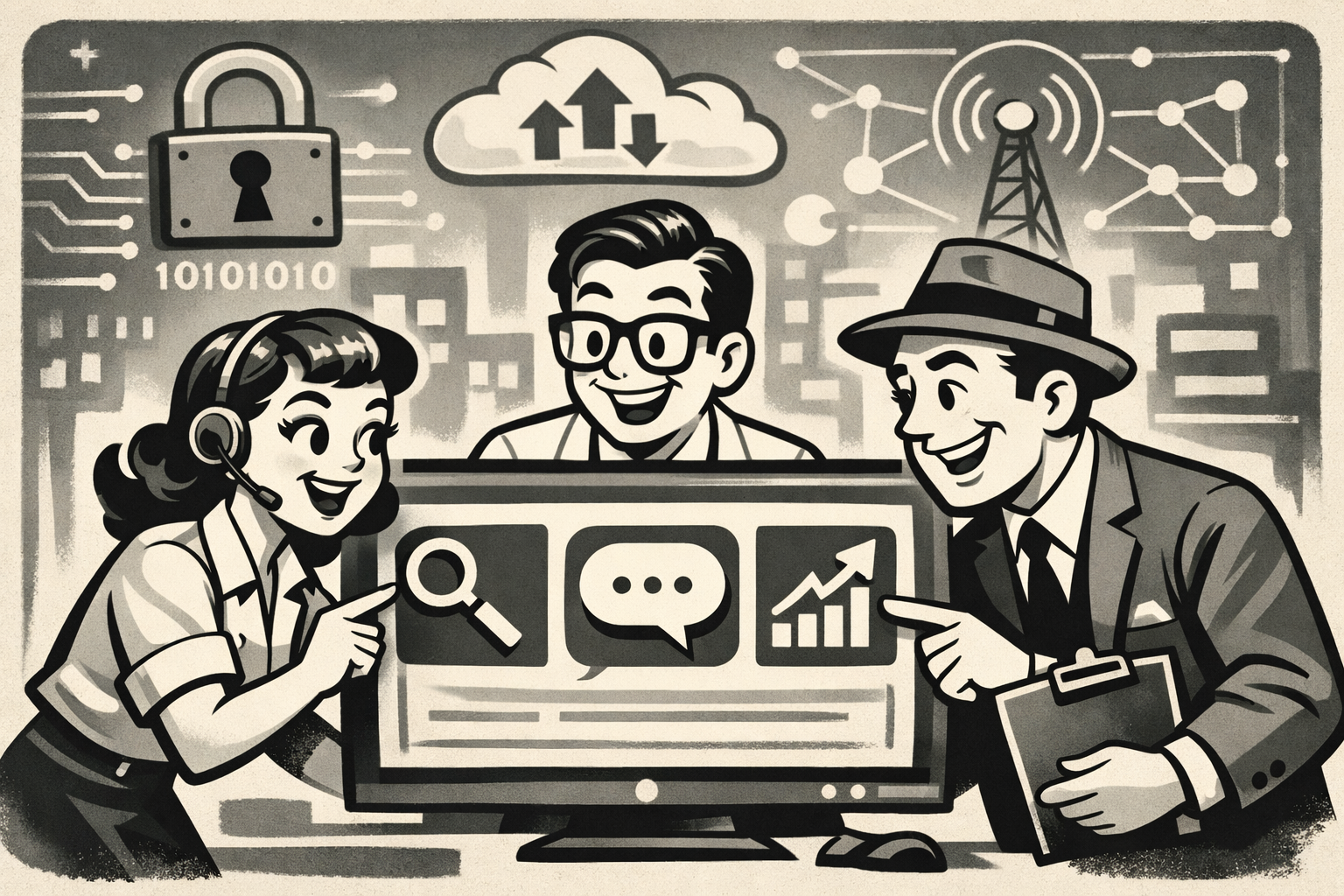 Cartoon of IT professionals collaborating around a digital screen with search, chat, and growth icons; background shows cybersecurity, cloud, and n...