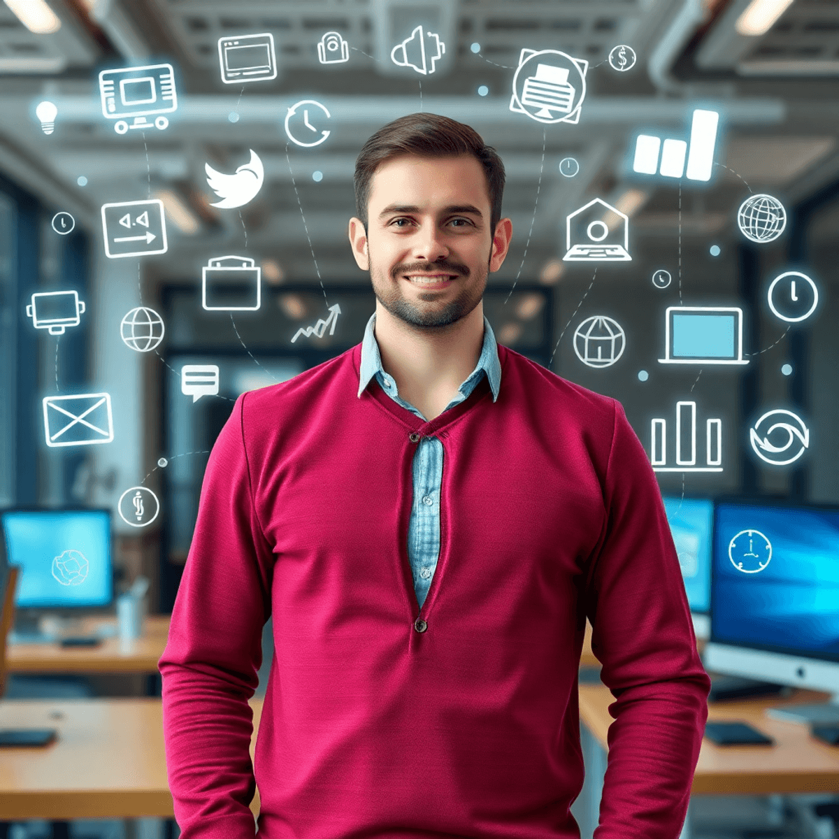 Confident IT professional in modern office with digital icons of technology, communication, and growth symbolizing transformation to industry leader.