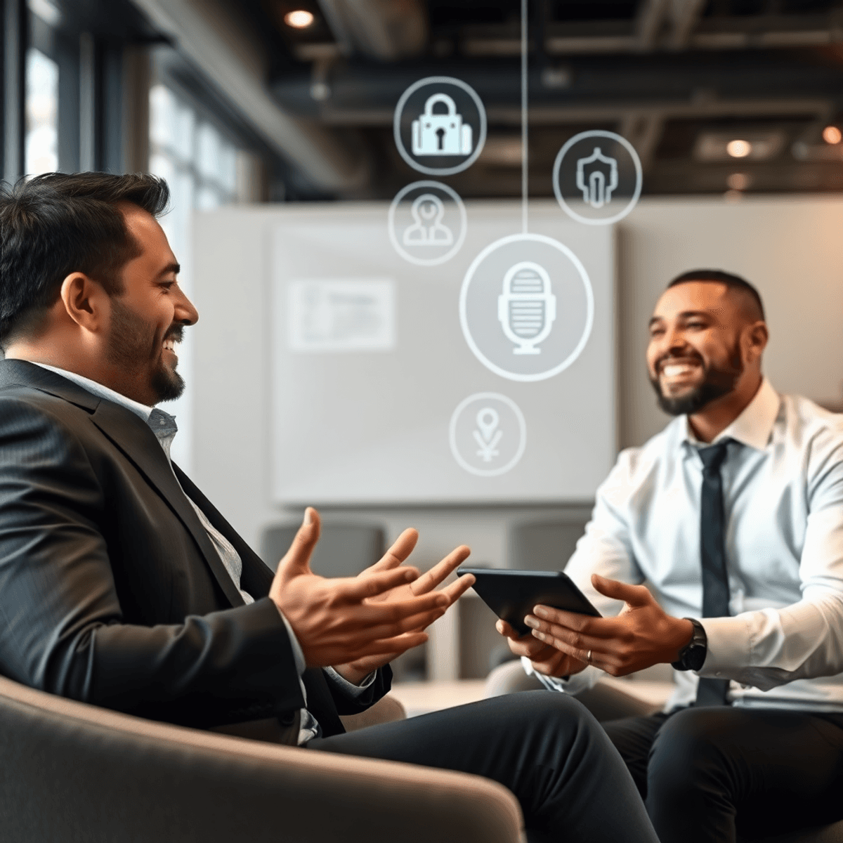 Confident MSP owner on a discovery call with client in a professional office, digital icons of lead generation and cybersecurity in the background.