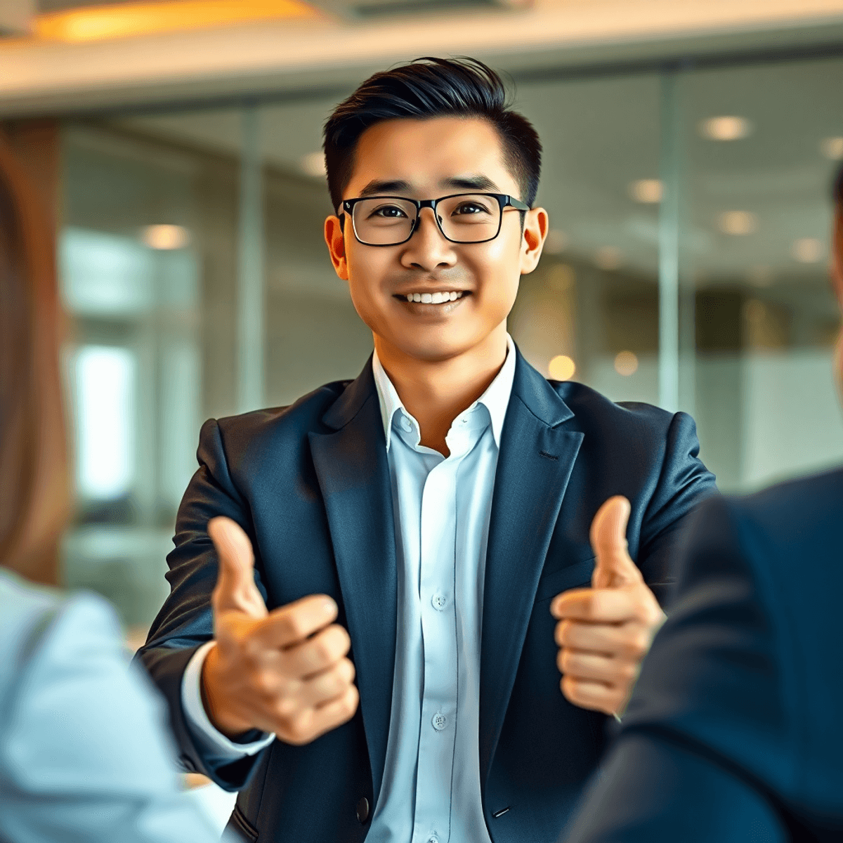 Confident entrepreneur in business attire making a decisive gesture during a client meeting in a modern office with warm lighting.