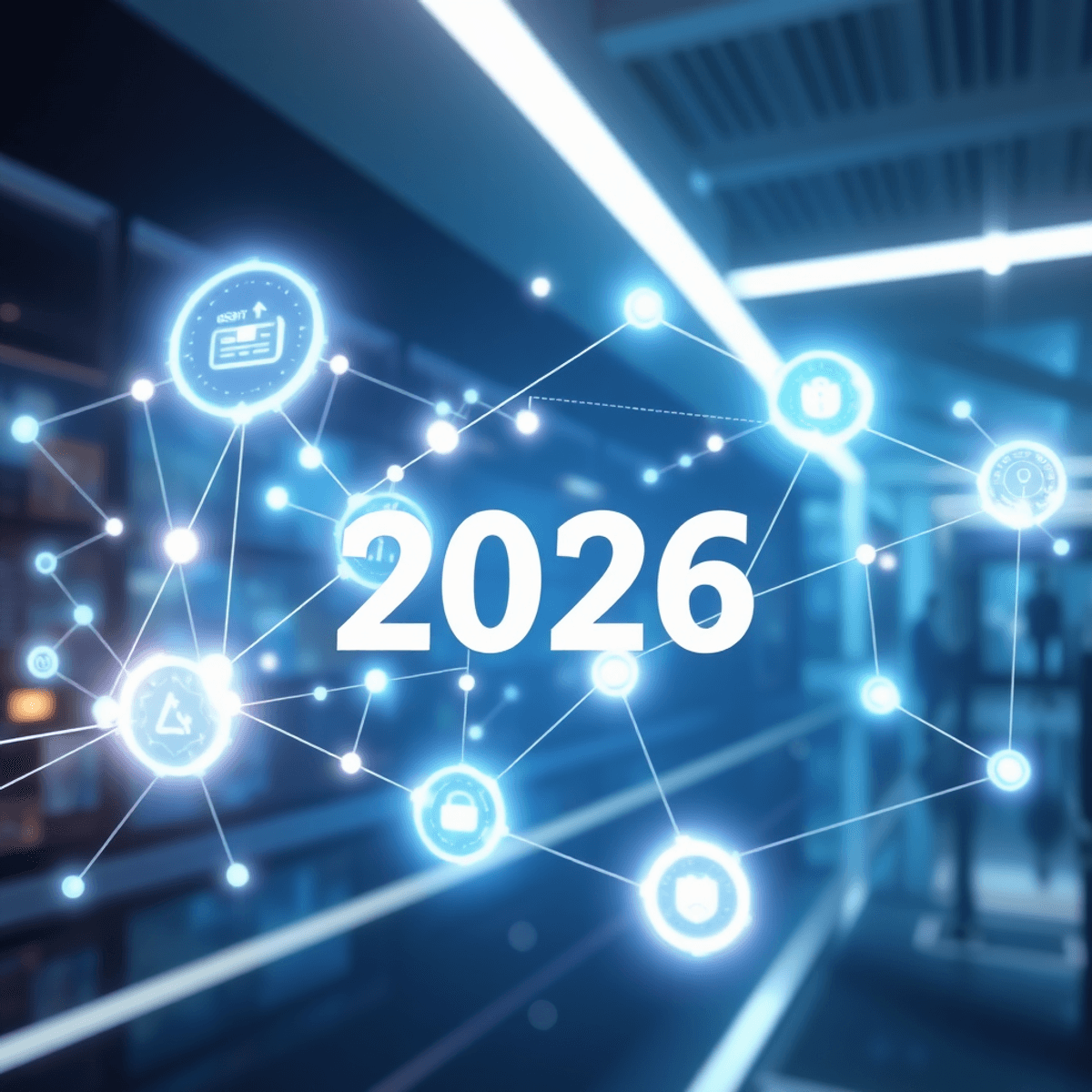 Glowing interconnected network nodes with abstract tech icons on a sleek background, illustrating futuristic digital marketing and data flow.