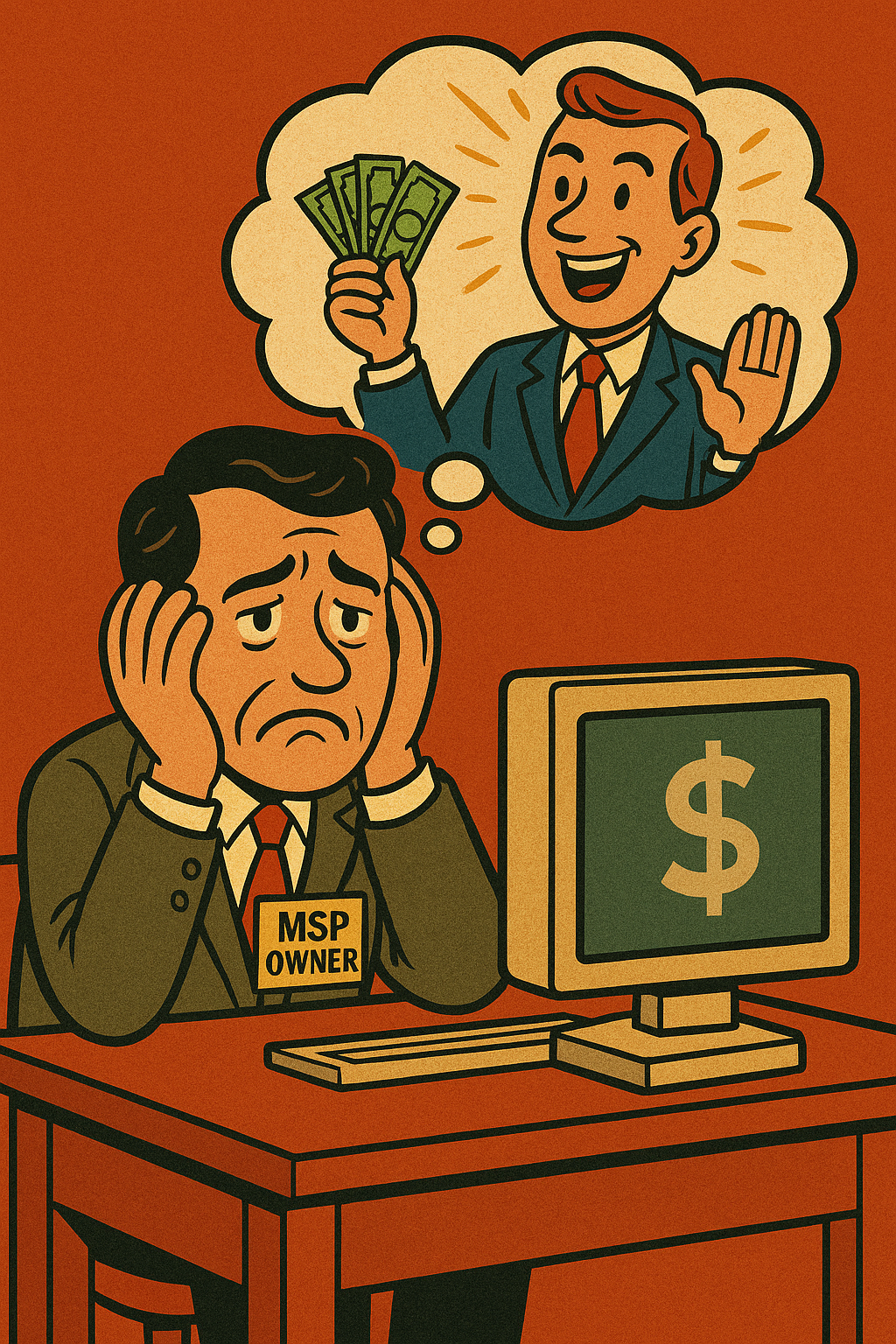 1950s cartoon style illustration of a frustrated MSP owner at a desk with empty pockets, while a slick marketing agency figure dreams of money, symbolizing wasted spending on marketing agencies.