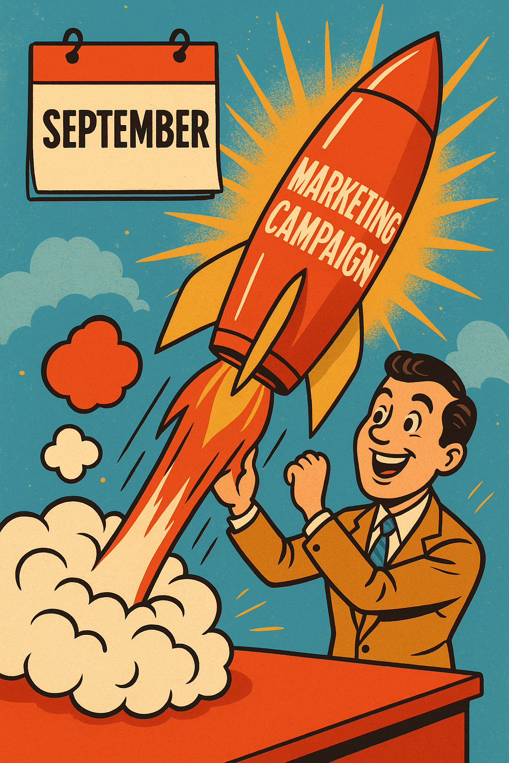 Retro style cartoon of an MSP owner launching a rocket labeled “Marketing Campaign” in September, symbolizing data driven IT marketing success.