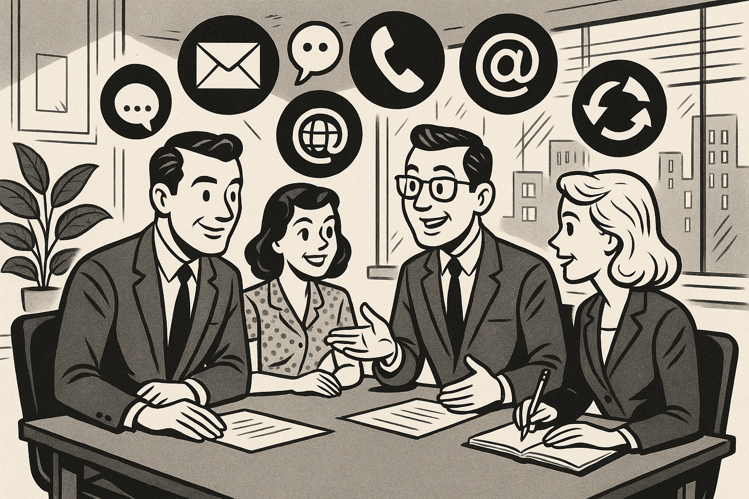 Professionals in a modern office discussing around a table, surrounded by digital icons of communication channels, symbolizing integrated MSP prospecting strategies.